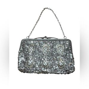 VTG Silver Beaded Sequined Evening Bag Chain Strap Made In Hong Kong READ Bridal